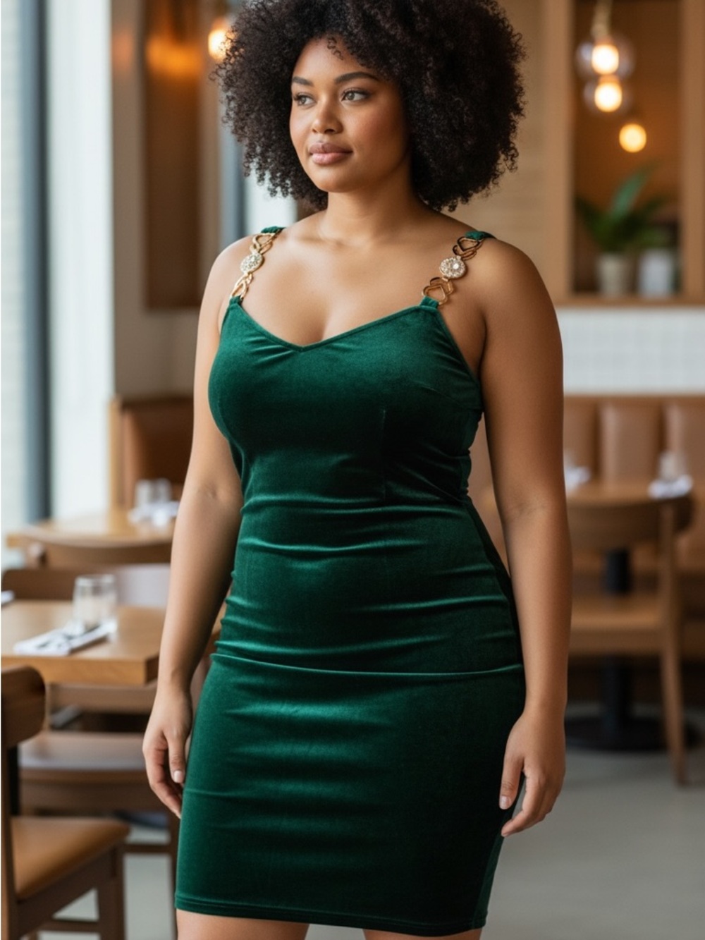 SHEIN Emerald Green Velvet Mini Dress with Decorative Gold Straps
